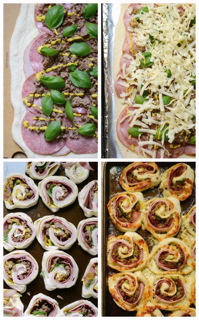 Collage of the steps needed to make stromboli roll ups.